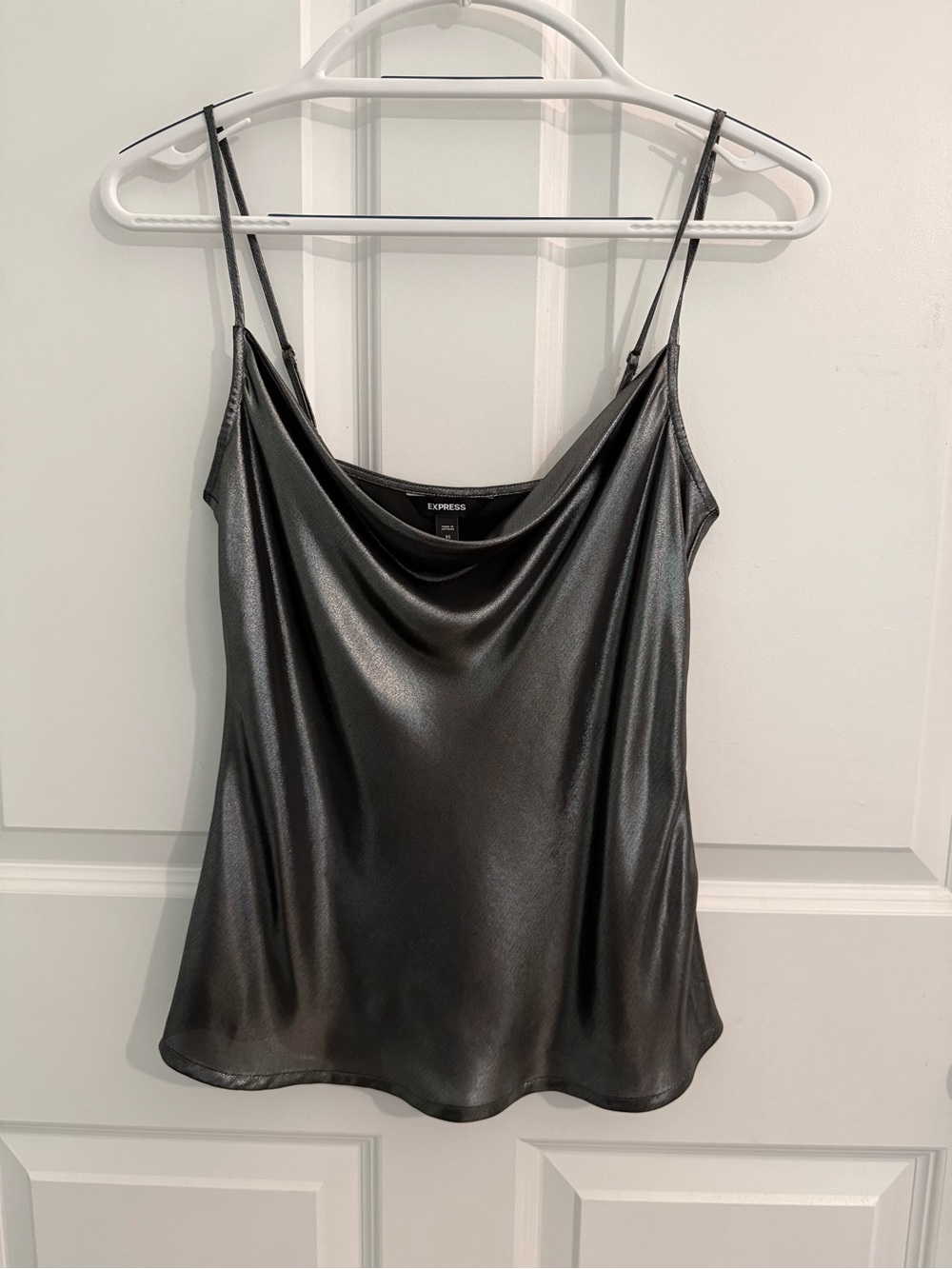 Express Women's Silver/Black Metallic Cowl Neck Satin Tank